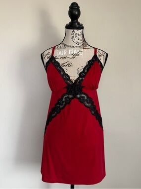 La Senza low back red slip dress with black lace trim
